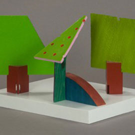 <i>Forest From The Trees (4857)</i>:	<i>Hedge Tree</i>, 2009, Left: , polychrome wood, 6" x 5.5" x 1.75",  <i>Fruit Tree</i>, 2009, Center: , polychrome wood, 6.25" x 4" x 4.25",  <i>Smile Maker Tree</i>, 2009, Right: , polychrome wood, 6" x 5" x 1"