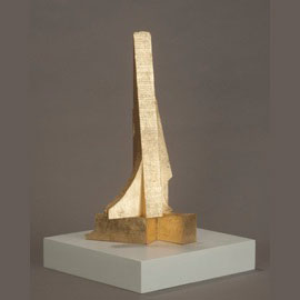 <i>Tilted Ingot, 2010</i>, Front:Gold metal leaf paint 13.75" x 7" x 6"
