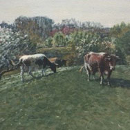 George Hays (1854 – 1945), Two Cows in Front Field, Watercolor 10.5” x 15”