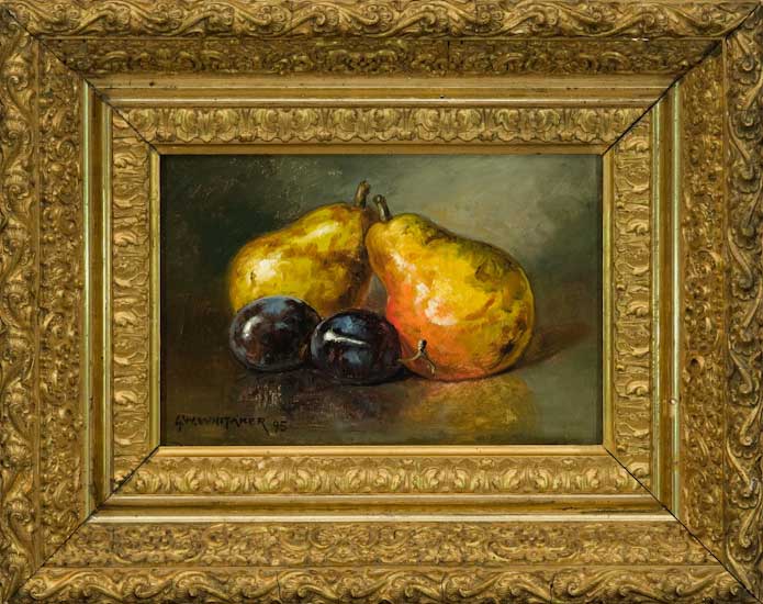 13. GEORGE WHITAKER (1840 - 1916), "Two Pears and Two Plums", 11 3/4" x 14 5/8", $2,800.