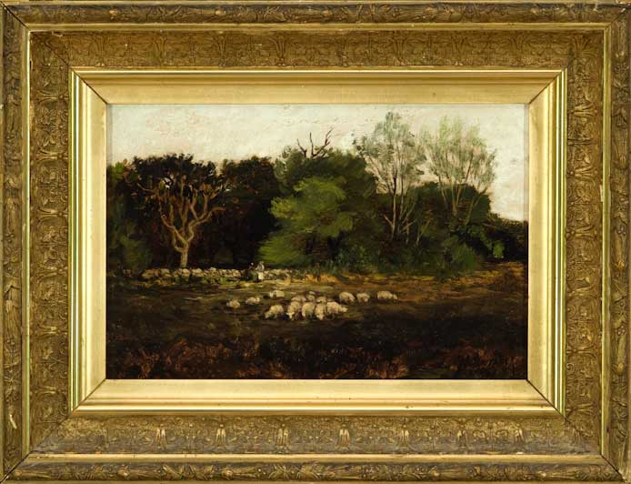 13A. GEORGE W. WHITAKER (1840 - 1916), "Guarding the Flock", Oil on Canvas 12 1/2" x 16 1/2"