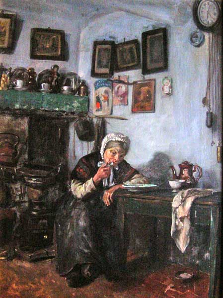 7. FRANK MATHEWSON ( 1861 - 1941), “Interior Godshuis dola fountane, Bruges 1905”, Oil on Canvas 20” x 14”