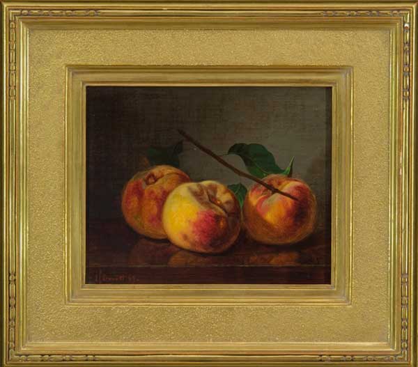 8A. EDWARD CHALMERS LEAVITT (1842 - 1904), "Still life of three Peaches", Oil on Canvas 14" x 16"