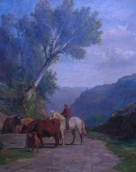 9. THOMAS ROBINSON (1834 - 1888), “The Watering Trough”, Oil on Canvas 36” x 30”