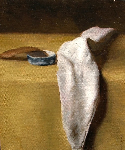 14. White Cloth on Yellow Tablecloth, Oil on Canvas