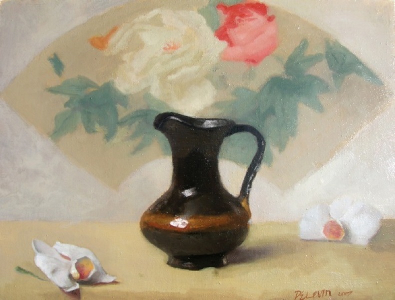 8. Orchids in Front of a Chinese Print, Oil on Canvas, 11" x 14"