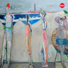 Florence Leif (1913 – 1968), Afternoon Figures near the Ocean, Oil on Canvas 26" x 36", Signed lower right 1957, * Purchased many moons ago, the owner is passing on his treasure, $1,200.