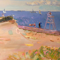 Gordon Peers (1909 – 1988), Beach Scene with figures and Lifeguard Stand, Oil on Canvas 16" x 20", * Purchased many moons ago, the owner is passing on his treasure, $800.