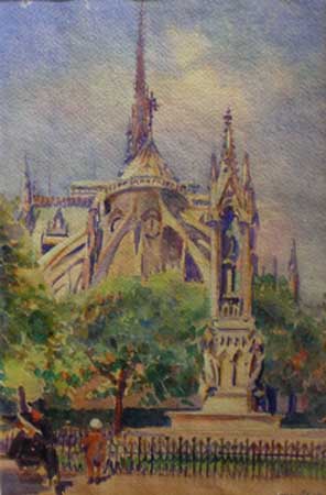 21.Helena Sturtevant (1877-1946), Watercolor 14" x 9.25", Notre Dame