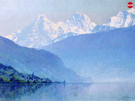 8. H.A. Dyer (1872 - 1943), Watercolor 15" x 19", Mountain Scene in Blue, Lake Thune