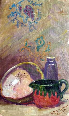Rebecca Russel Greene, 1879 - 1953, Dark Still Life with Pitcher, Oil on Canvas,  7.5" X 8"