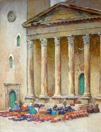 11. Selling Wares in Rome, Watercolor 10" x 13"