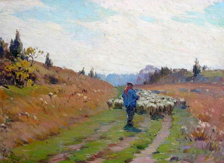 13. Sheep on Road, Oil on Board 10" x 13"
