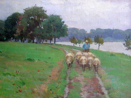 14. Sheep Walking Down Path, Oil on Board 10" x 13"