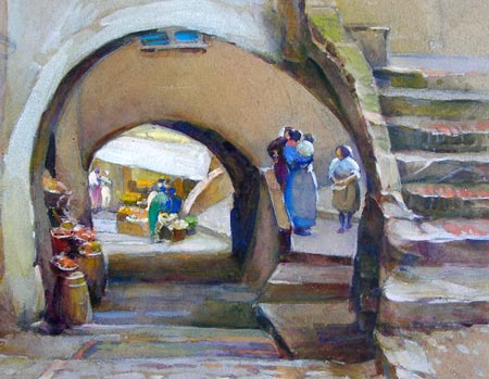 16. Steps and Archway, Charcoal/Watercolor 7" x 10"