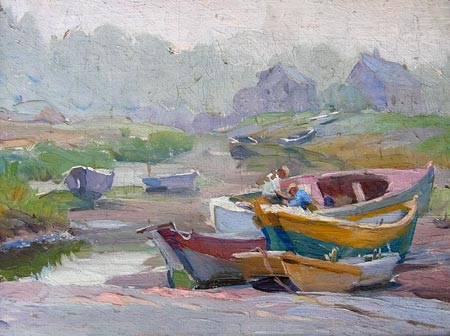 19. Two Men at Port, Oil on Board 10" x 12"