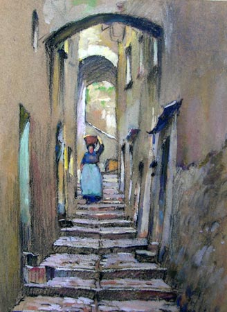 21. Woman Carrying Basket on head, Watercolor 7" x 10"